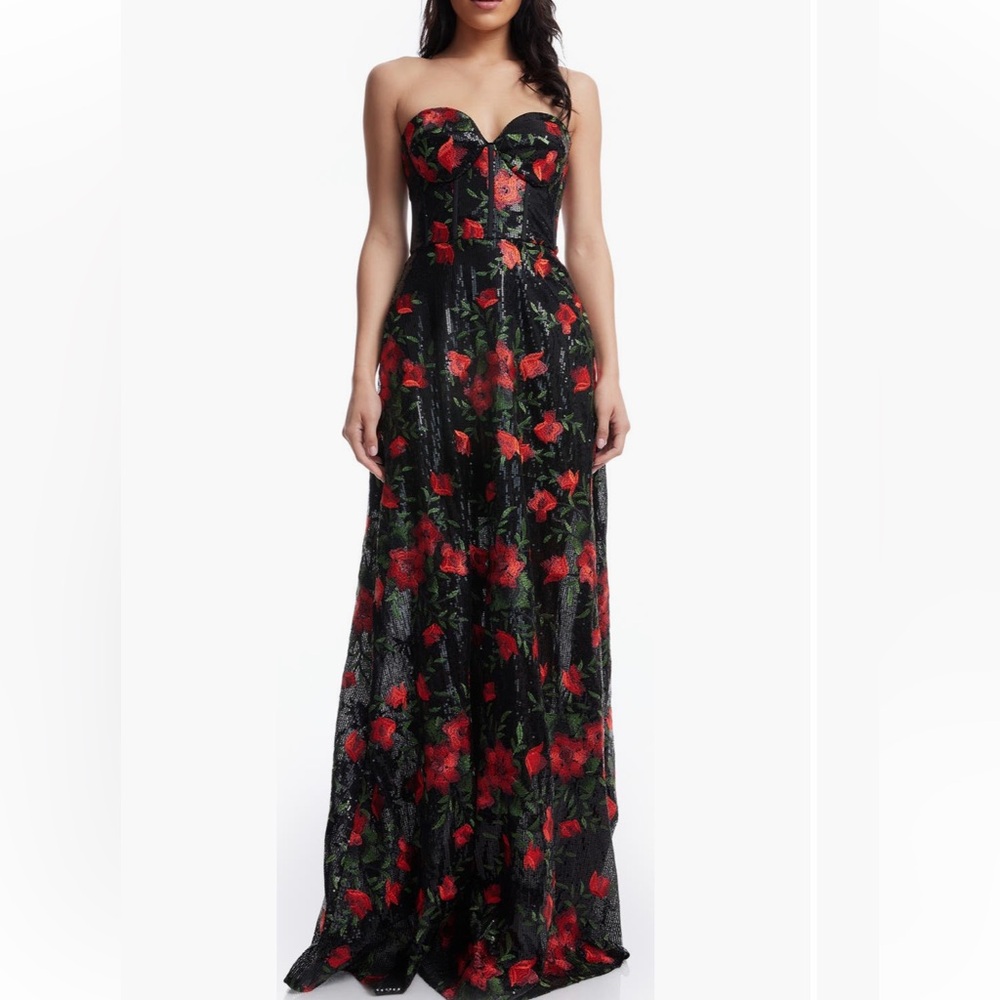 Dress the Population Red and Black Strapless Maxi Dress